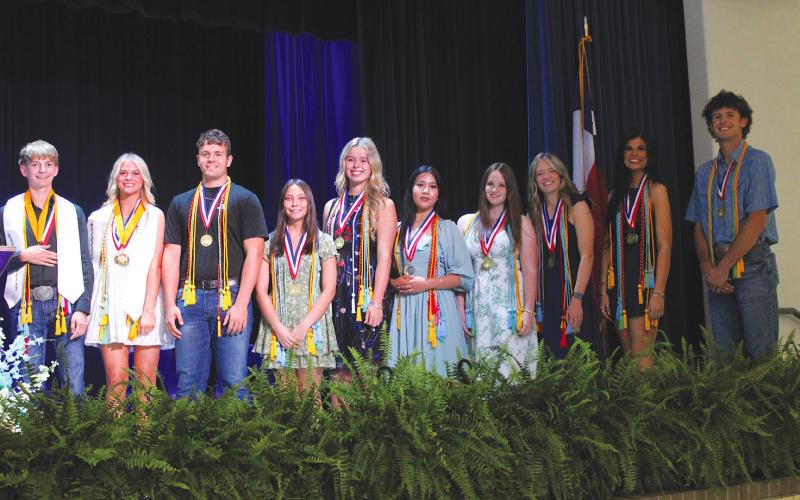 The CPCISD top 10 graduates Cade Childress, Saylor Smith, Sean Carpenter, Skyla Smith, Maud Poortvliet, Adriana Enriquez, Talon Pierson, Lynleigh Waldon, Claire Jalufka and Dane Oud were recognized during the ceremony on Monday night. See page 2 for more CP Seniors Awards photos. Staff photo by Lexi Delarosa