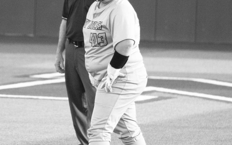 Graci Adair (413) takes a lead-off from second base during recent action. Across the first two games of the Lady Eagles' Area playoff series against Overton, Adair batted a combined 4/4, recorded five RBIs and scored three runs. Staff Photo by DJ Spencer