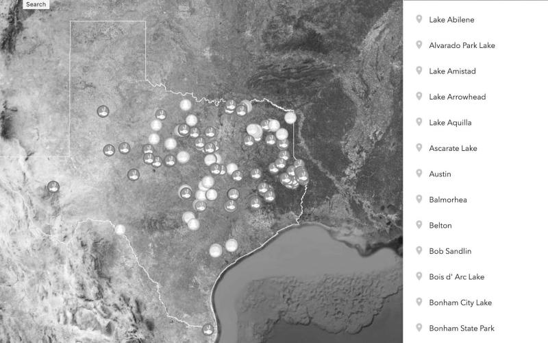 TPWD maintains an interactive map on its Fish Attractor web page that lists GPS coordinates for hundreds of artificial fish structures that have been placed in dozens of public reservoirs all around Texas. The map has a drop down menu that lists more than 70 lakes. Texas Parks and Wildlife Department Graphic