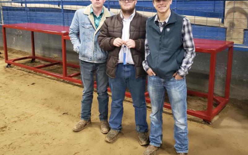 North Hopkins students Caleb Short, Levi Pope and Jordan Holland won second in their class with the welding table they built. Courtesy/NHISD