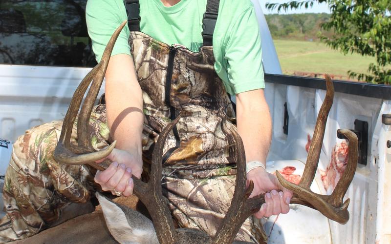 Scoring 163, Heidi Newman’s main frame nine-pointer taken Oct. 3 joins a long list of quality bucks produced by 26 clubs that form the North Neches deer management cooperative in Anderson and Cherokee counties. Since 2015, the co-op has produced 64 free ranging bucks with B&amp;C scores of 150 or more, including two in the 190s and one topping 200 inches. Courtesy/Heidi Newman via Matt Williams