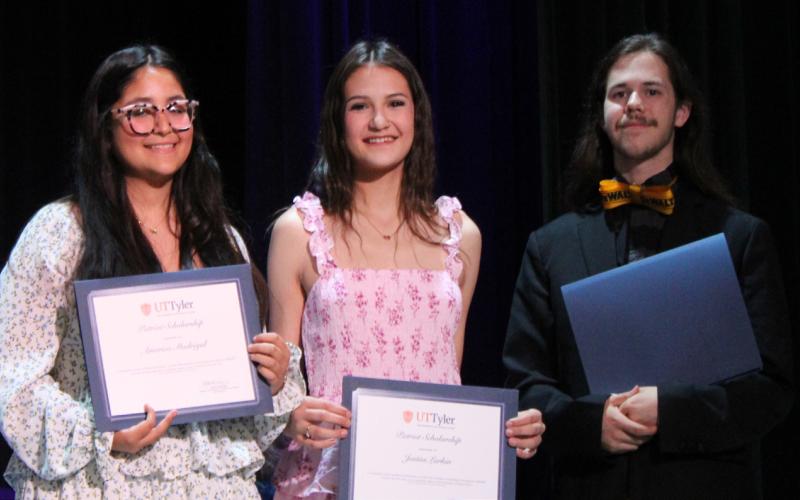 America Madrigal, Justiss Larkin and Liam Clay received The University of Texas-Tyler Patriot Scholarships.