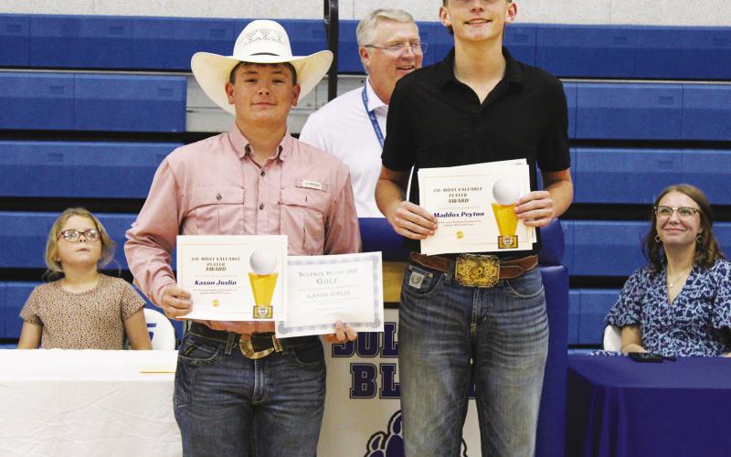Kason Joslin (left) and Maddox Peyton were named Co-MVPs for the boys golf team at Sulphur Bluff's Athletic Banquet Tuesday. Both athletes enjoyed strong seasons on the course. Staff Photos by DJ Spencer