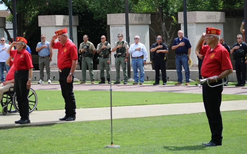 NATIONAL PEACE OFFICERS REMEMBRANCE DAY — Hopkins County Marine Corps League, led by MCL Judge Advocate Bob Kerr, hosted a ceremony May 15 in downtown Sulphur Springs in rememberance of law enforcement officers who have fallen in the line of duty on National Peace Officers Remembrance Day. See Page 3 for more photos. Staff photo by Lexi Delarosa