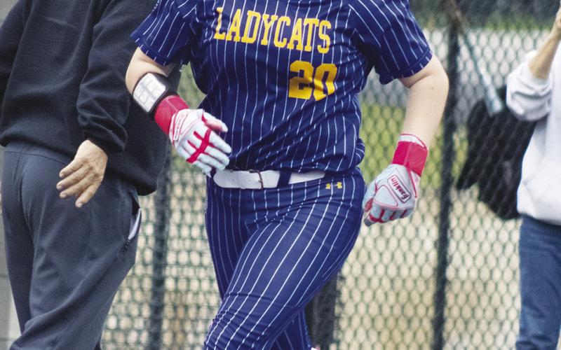 Addison Woodall (20) rounds third base, after hitting a solo home run during the Lady Wildcats' Area Playoff series against Athens this past season. Woodall was named District 14-4A Newcomer of the Year, following an outstanding freshman season.