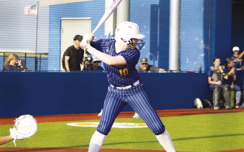 Paislie Brown (10) awaits the pitch in the batter's box during the Lady Wildcats' Bi-District Playoff Series against Wills Point this past season. Brown earned First-Team All-District honors as a utility player, following a strong freshman season.