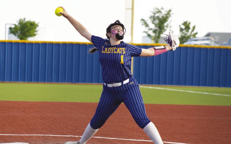 Hannah Speed (1) delivers a pitch during the Lady Wildcats' Bi-District Playoff Series against Wills Point this past season. Speed was named District 14-4A MVP following an outstanding junior season.