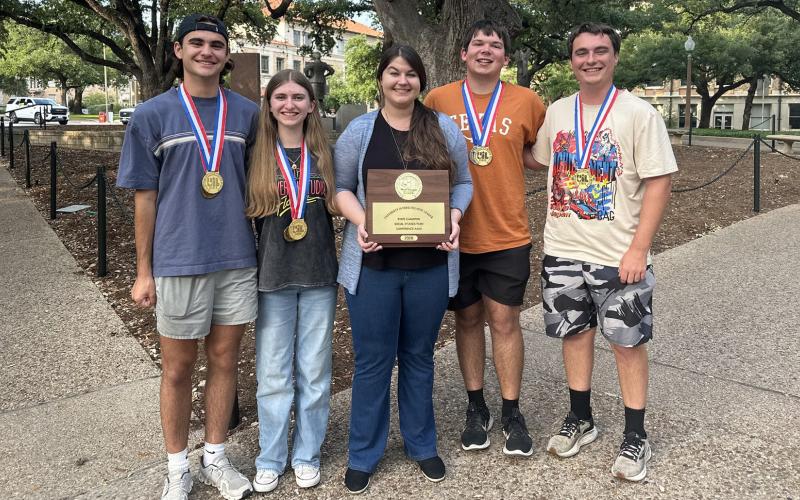 State champion social studies team includes the following Sulphur Springs High school students: (left) Kannon Gibson, Jessica Reed, Coach Madison Millsap, Greyson Wall and Issac Stanley.