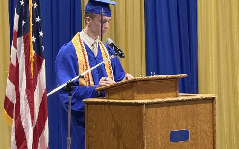 Saltillo High School Senior Class of 2026 valedictorian Tobin Keith Potter delivers his valedictorian speech during graduation.