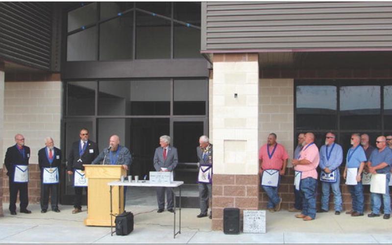 (Above) Members of Hopkins County Masonic Lodge 180 and leaders from the Grand Lodge of Texas led and participated in the cornerstone dedication ceremony for the new Cumby Collegiate High School building on Saturday, Sept. 9. Staff photos by Tammy Vinson