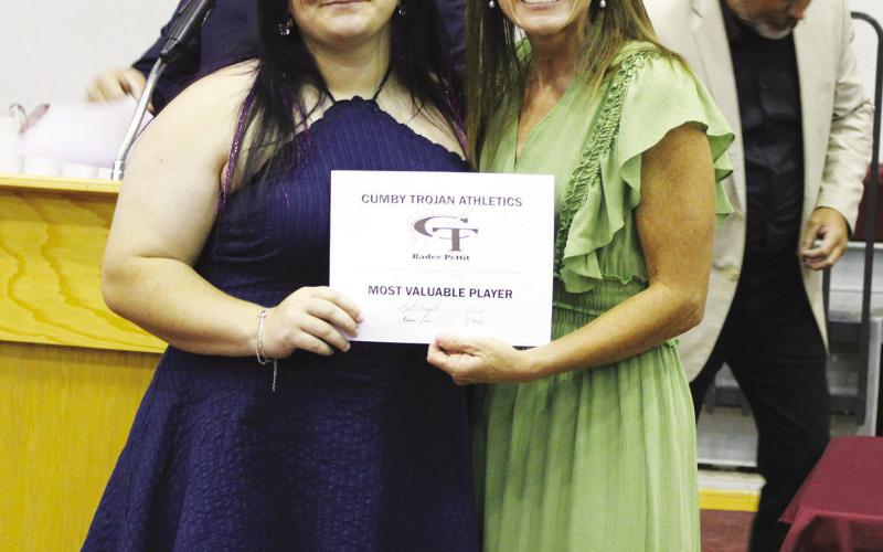 Kadee Pettit (left) received the Girls Powerlifting MVP Award at the Cumby Collegiate Athletic Banquet Tuesday. Coach Katie Emeyabbi presented the award.