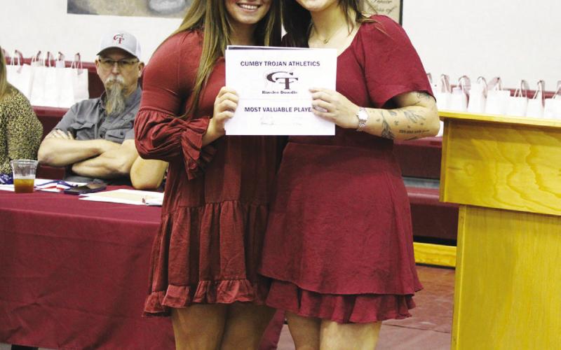 Kinslee Dowdle (left) received the Softball MVP Award at the Cumby Collegiate Athletic Banquet Tuesday. Coach Savannah Kurn presented the award. Dowdle also earned the Girls Golf MVP Award.