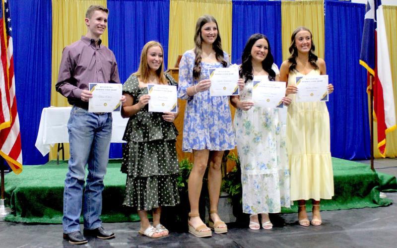 Tobin Potter, Lani Dean, Shelbi Ricketson, Crissey Campos and Kallie Potter were awarded $250 Reta Eubanks Memorial Scholarships during the Saltillo Academic Awards program May 11, in Kerry Garmon Gymnasium. The scholarship is funded through donations and the annual Pink Out sales. Staff Photo by Faith Huffman