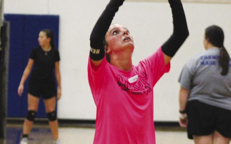 A camper sets a pass during Lady Wildcat Volleyball Camp. The camp was held May 27-29 in the Sulphur Springs High School gymnasium.
