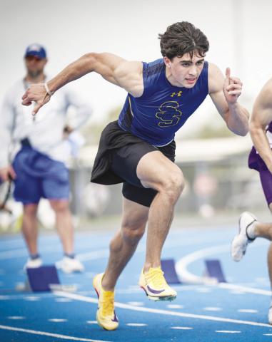 Sulphur Springs' Creed Whisenhunt is shown competing in an earlier track and field meet. Whisenhunt placed fourth in the 100-meter dash in the Class 4A State Championship race with a time of 10.37 seconds. Photo by Dinh Tran